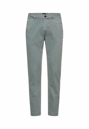 Grijze taps toelopende casual broek met riemlussen, knoop aan de voorkant, rits en zijzakken, weergegeven tegen een witte achtergrond.