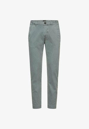 Grau zulaufende Freizeithose mit Gürtelschlaufen, vorne mit Knopf, Reißverschluss und Seitentaschen, vor weißem Hintergrund präsentiert.