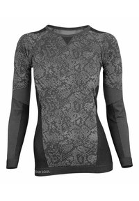 Maglietta atletica a maniche lunghe di colore grigio scuro con un motivo a pelle di serpente, caratterizzata da dettagli texturizzati e un design aderente per comfort e libertà di movimento.
