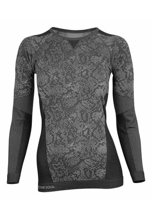 Langarm-Sportshirt in Dunkelgrau mit Schlangenhaut-Muster, ausgestattet mit strukturierten Akzenten und einem figurnahen Design für Komfort und Bewegungsfreiheit.