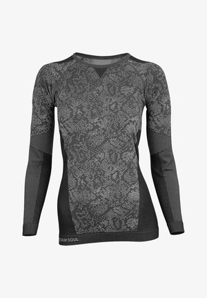Langarm-Sportshirt in Dunkelgrau mit Schlangenhaut-Muster, ausgestattet mit strukturierten Akzenten und einem figurnahen Design für Komfort und Bewegungsfreiheit.