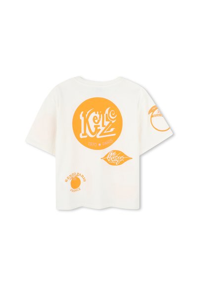 T-shirt en coton blanc avec de grandes impressions graphiques oranges, incluant des motifs circulaires et le texte "Kenzo Paris" et "1970."