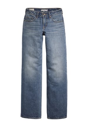 Lichtblauwe, wijde spijkerbroek van denim. Beschikt over vijf zakken, een knoopsluiting en een vervaagde wassing met een gladde textuur.