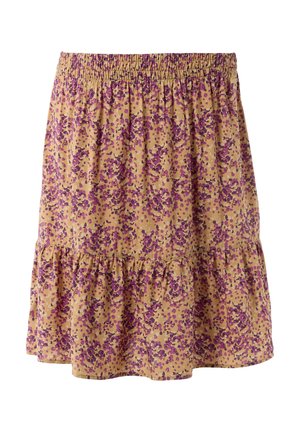 Floral skirt with a smocked waistband, featuring a brown base color with purple and pink patterns, and a ruffled hemline.