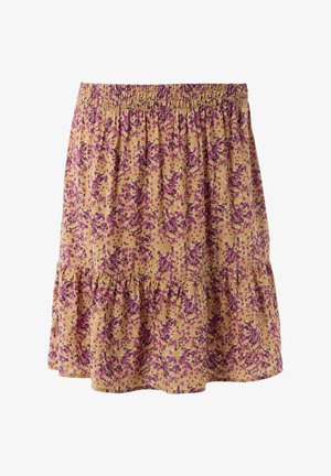 Floral skirt with a smocked waistband, featuring a brown base color with purple and pink patterns, and a ruffled hemline.
