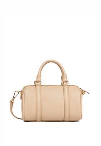 Sac à main en cuir beige au design structuré, doté de deux poignées supérieures et d'une bandoulière amovible. Comprend des accents en métal doré.