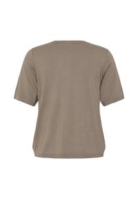 Haut en maille taupe à manches courtes avec encolure ronde et bords côtelés, présenté à plat montrant le dos.