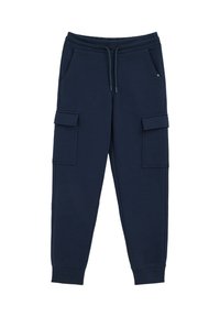 Navy blauwe cargo joggers van zachte stof, met een elastische tailleband, koord en twee zijzakken met klepsluitingen.