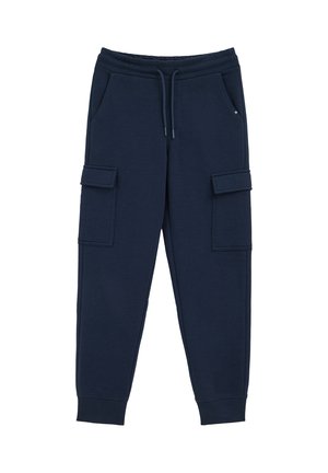 Marina blår cargo-joggers tillverkade av mjukt material, med elastisk midja, dragsko och två sidofickor med klaff. 