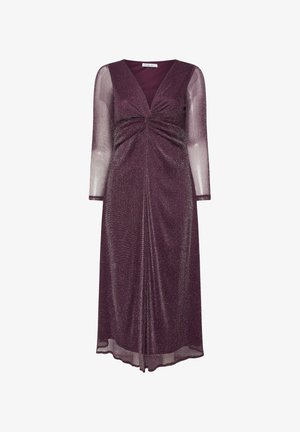 Lange, diep violet jurk met een V-hals, geplooid lijfje en transparante lange mouwen. Subtiele glinsterende textuur, vloeiende silhouet, halverwege de kuit lengte.