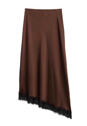 Brun asymmetrisk midi-nederdel med sort blondekant langs den skrå kant, glat stof og en tætsiddende talje.