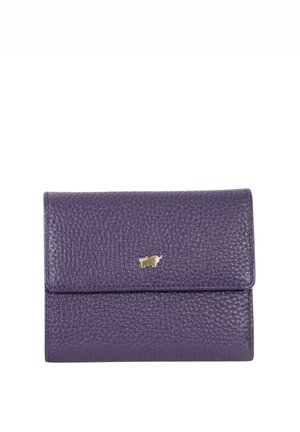 Portefeuille en cuir texturé violet avec un petit emblème de taureau doré centré sur le rabat avant, fermé et de forme rectangulaire.