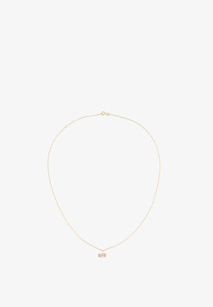 Collana in metallo dorato con ciondolo a forma di farfalla, decorata con accenti rosa, ali finemente dettagliate e chiusura a moschettone.