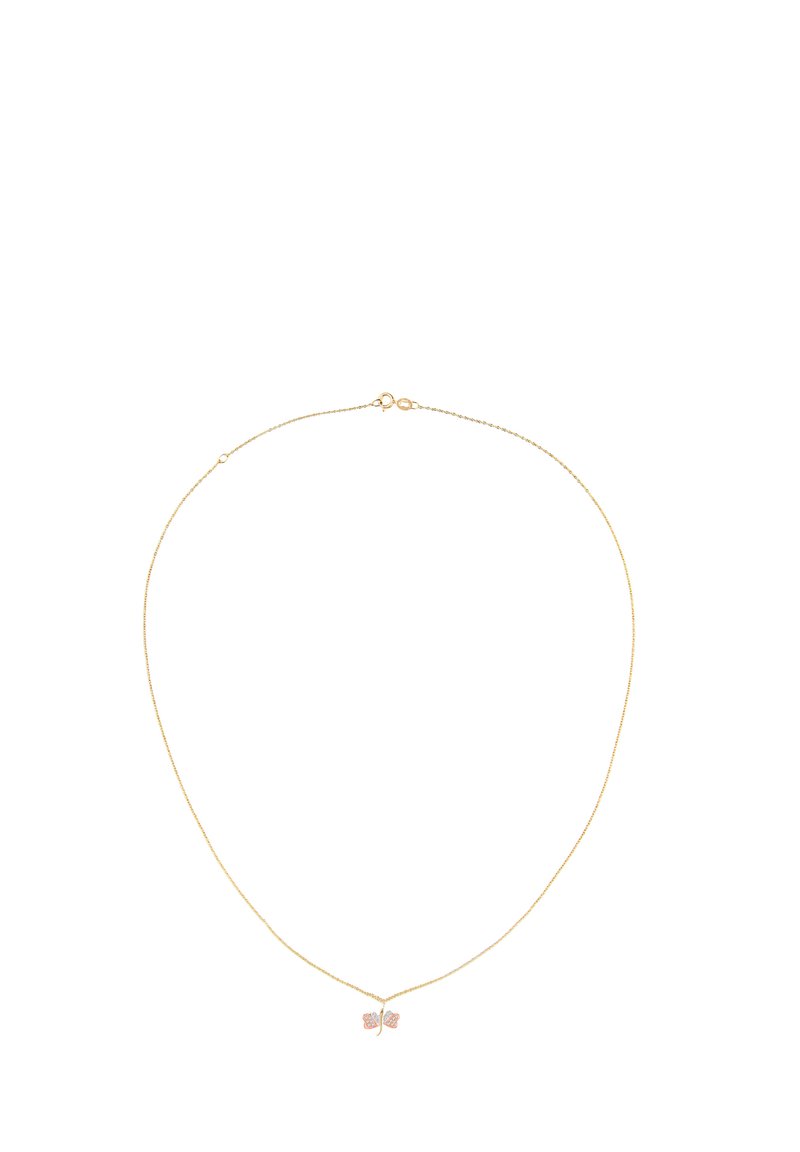 Collana in metallo dorato con ciondolo a forma di farfalla, decorata con accenti rosa, ali finemente dettagliate e chiusura a moschettone.