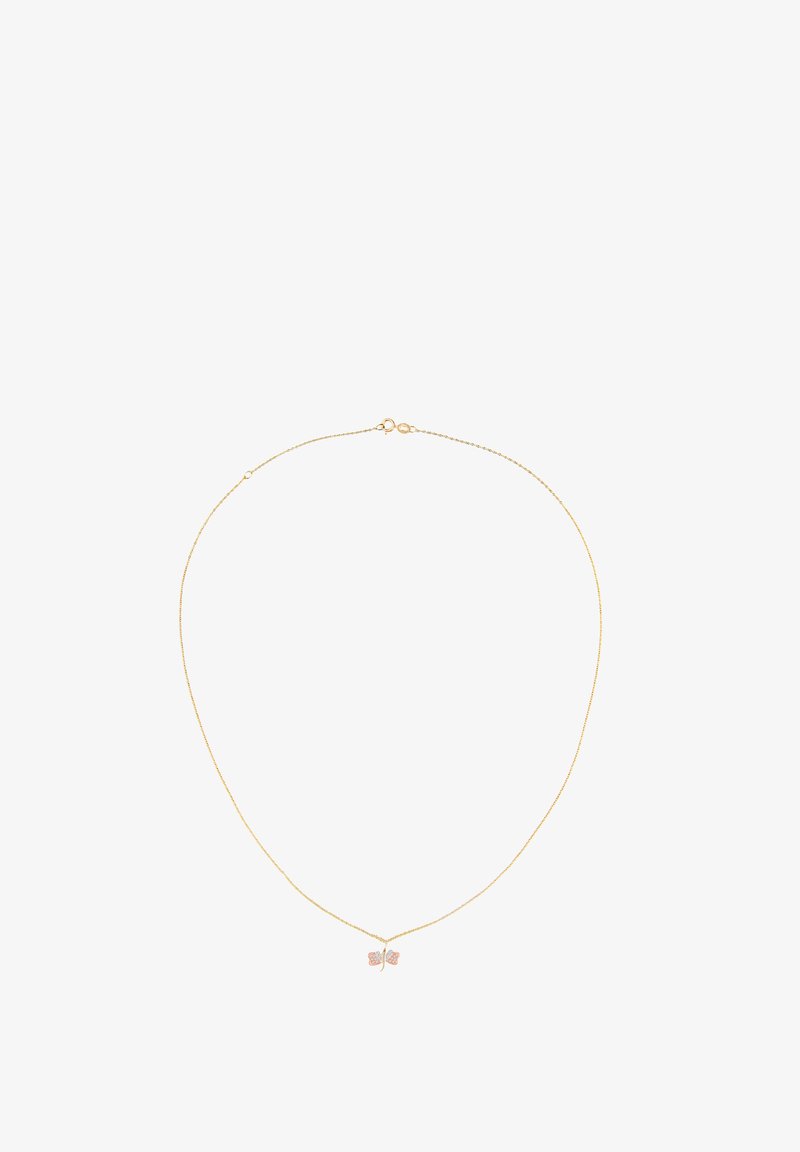 Collana in metallo dorato con ciondolo a forma di farfalla, decorata con accenti rosa, ali finemente dettagliate e chiusura a moschettone.