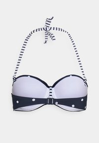 Marineblå og hvit bikini-topp med stripete justerbare stropper, prikkete detaljer, undertråd støtte og sikker baklås.