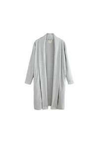 Grijze geribbelde cardigan met een ontspannen pasvorm, open voorkant en lange mouwen. Geweven stof voegt visuele interesse toe. Geen sluitingen of zakken.