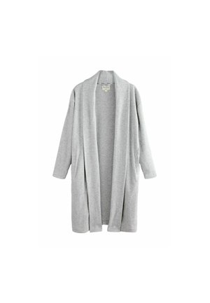 Cardigan grigio a coste con vestibilità rilassata, apertura frontale e maniche lunghe. Il tessuto testurizzato aggiunge interesse visivo. Senza chiusure né tasche.
