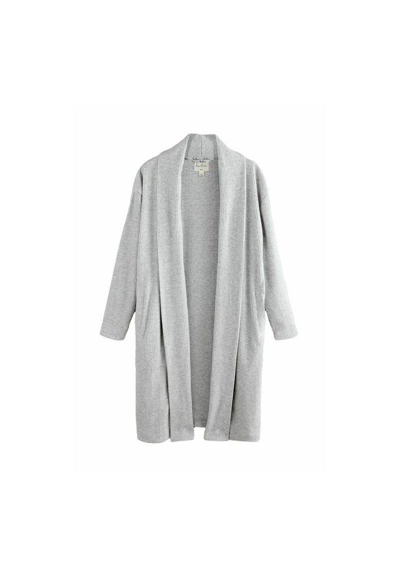 Grijze geribbelde cardigan met een ontspannen pasvorm, open voorkant en lange mouwen. Geweven stof voegt visuele interesse toe. Geen sluitingen of zakken.