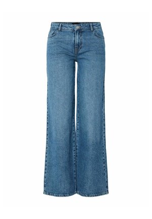 Jean large en denim bleu, doté d'une taille haute, d'un design classique à cinq poches et d'une finition décolorée avec une texture subtile.