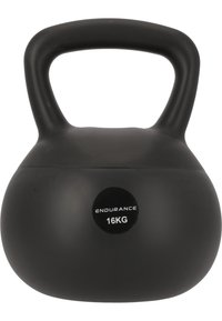 Svart kettlebell, 16 kg, med en slät, matt finish och ett brett handtag för grepp. Rund form med en tydlig etikett som visar vikten.