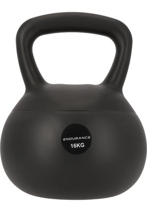 Musta kahvakuula, 16 kg, jossa on sileä, matta pinta ja leveä kahva hyvään ote varten. Pyöreä muoto, jossa on selkeä etiketti painosta.