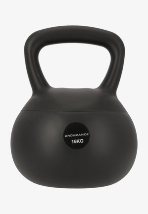 Sort kettlebell, 16 kg, med en glat, mat overflade og et bredt håndtag for bedre greb. Rund form med en tydelig etiket, der viser vægten.