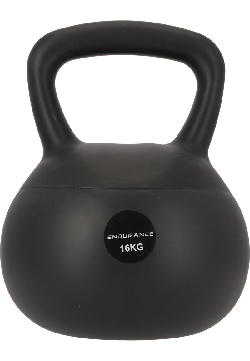 Svart kettlebell, 16 kg, med en slät, matt finish och ett brett handtag för grepp. Rund form med en tydlig etikett som visar vikten.