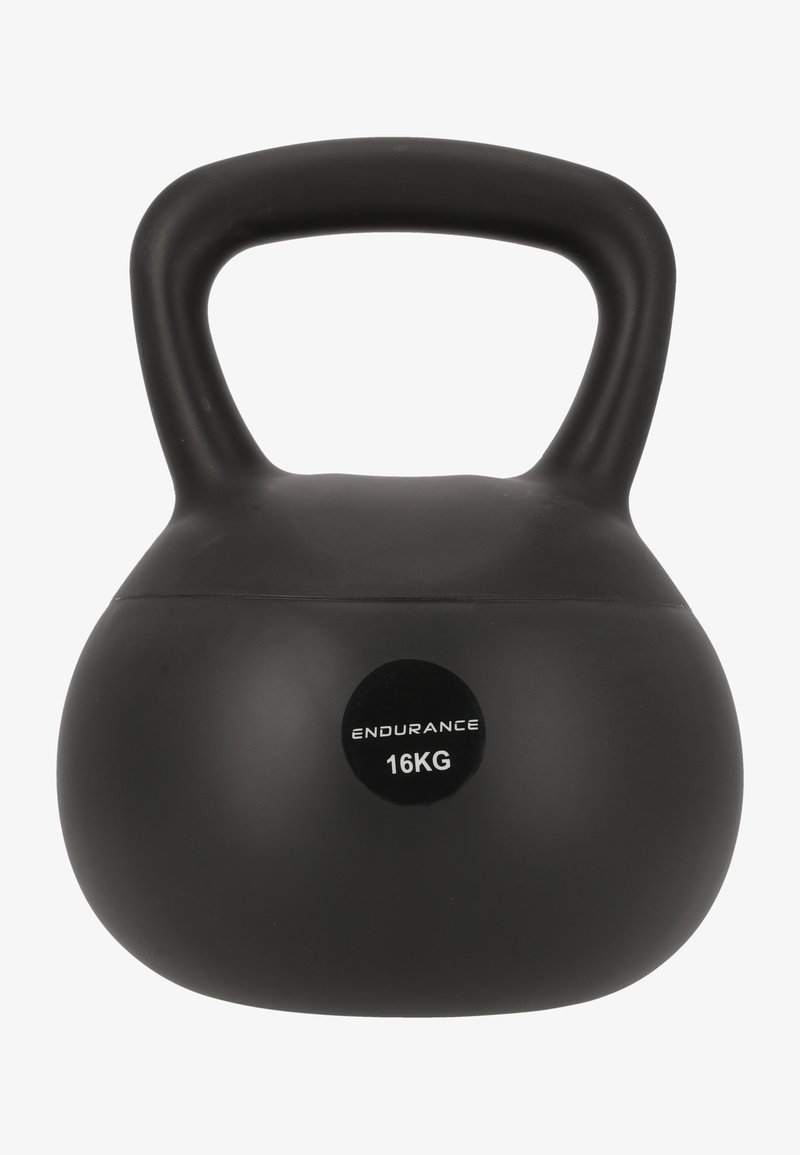 Svart kettlebell, 16 kg, med en slät, matt finish och ett brett handtag för grepp. Rund form med en tydlig etikett som visar vikten.