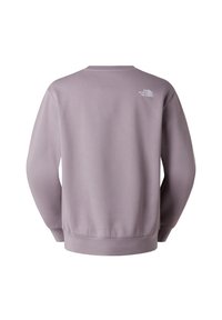 Sweat-shirt lavande à col rond, manches longues et petit logo blanc "The North Face" sur le haut du dos à droite.