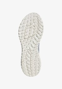 Suola di scarpa in gomma bianca con motivi a battistrada testurizzati, caratterizzata da scanalature e un logo. Progettata per offrire trazione e stabilità in varie condizioni.