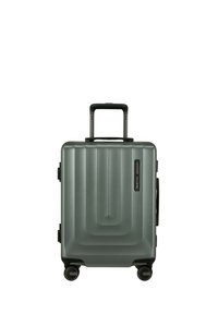 Hartschalentrolley in mattem dunkelgrün mit gerippter Optik. Mit einem Teleskopgriff und vier multidirektionalen Rollen ausgestattet.