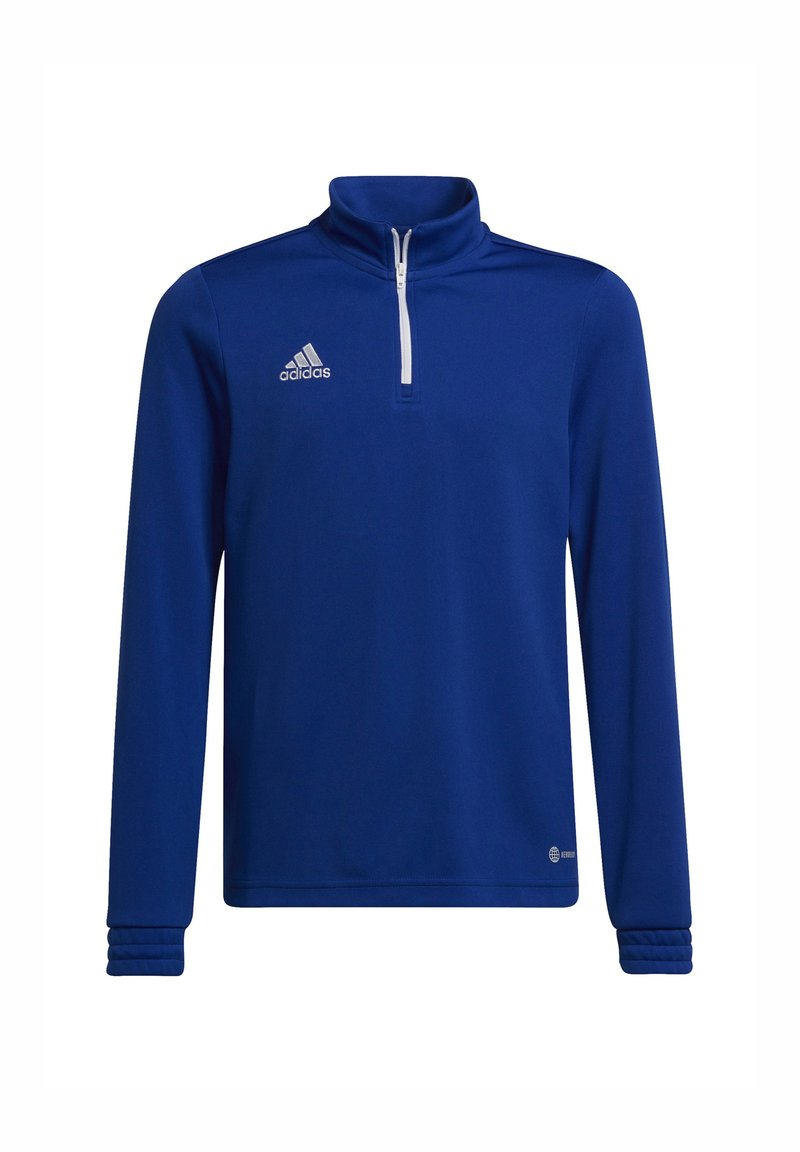 Pullover blu a maniche lunghe con colletto rialzato, chiusura frontale a mezza zip, polsini a coste e logo Adidas bianco sul lato sinistro del petto. Tessuto morbido e liscio.