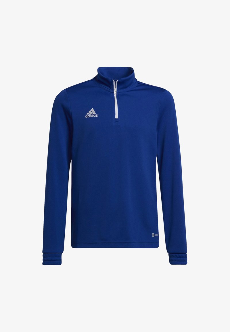 Pullover blu a maniche lunghe con colletto rialzato, chiusura frontale a mezza zip, polsini a coste e logo Adidas bianco sul lato sinistro del petto. Tessuto morbido e liscio.