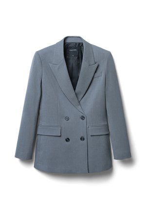 Grauer doppelt knöpfbarer Blazer aus glattem Stoff, mit breiten Revers, zwei vorderen Taschen und schwarzen Knöpfen zum Schließen.