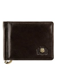 Bruin leren portemonnee met een gladde textuur, voorzien van een messing logoaccent en zichtbare stiksels langs de randen. Compact rechthoekig ontwerp.
