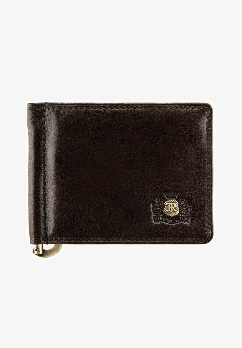 Portefeuille en cuir marron avec une texture lisse, présentant un accent de logo en laiton et des coutures visibles le long des bords. Design compact rectangulaire.