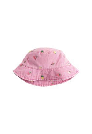 Roze bucket hat met geborduurde kleine fruitpatronen, waaronder ananassen, kersen, aardbeien en watermeloenpartjes.