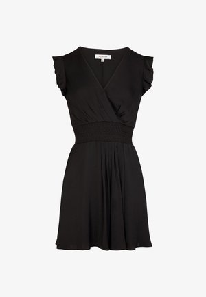 Musta hihaton mekko, jossa on V-aukko, liehuttavat lyhyet hihat, resoroitu vyötärö ja laskostettu helma.