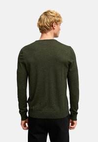 Dunkelgrüner gestrickter Pullover mit langen Ärmeln, einem runden Halsausschnitt und einem gerippten Saum. Die Rückansicht zeigt die glatte Textur und das figurnahe Design.