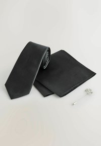 Melna zīda kaklasaite, salocīta, ar atbilstošu kabatas kvadrātu. Tās virsma ir spīdīga, un tai ir norādīta galu forma. Ietver sudraba ziedu atloku spraudni.