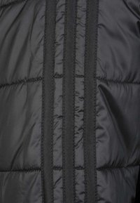 Giubbotto invernale nero con sezioni trapuntate e tre strisce verticali lungo la cucitura. Il materiale appare liscio con una leggera lucentezza.