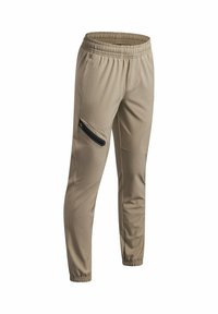 Pantalon beige fuselé avec taille et poignets élastiques, avec deux poches latérales et une poche zippée noire sur la cuisse droite.