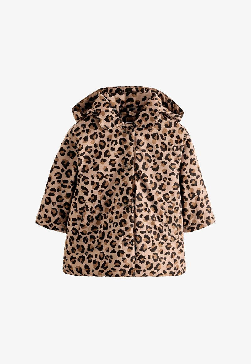 Veste à capuche enfant avec motif léopard marron et noir et fermeture à boutons sur le devant.