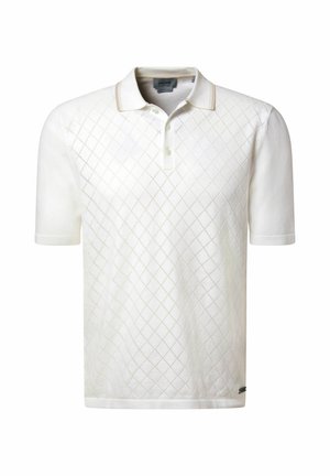 Weißes Poloshirt mit kurzen Ärmeln, dezentem Rautenmuster und Knopfleiste mit zwei Knöpfen, mit einem kleinen Logotag nahe dem Saum.