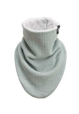 Mint green knit neck warmer with a ribbed texture, soft white fleece lining, and a black label accent. Designed for warmth and comfort.
