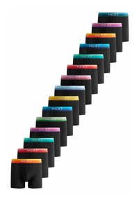 Caleçons de boxeur noirs avec des ceintures élastiques colorées étiquetées "NEXT". Les ceintures comprennent des nuances de bleu, rose, orange, jaune et vert.