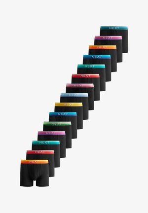 Caleçons de boxeur noirs avec des ceintures élastiques colorées étiquetées "NEXT". Les ceintures comprennent des nuances de bleu, rose, orange, jaune et vert.