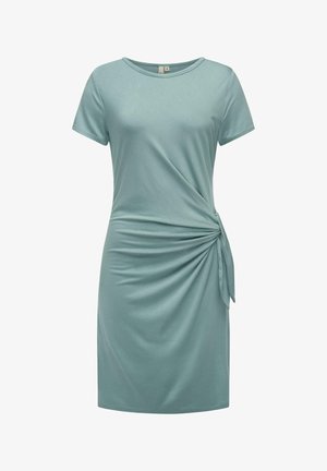 Jasnozielona sukienka o krótkim rękawie z okrągłym dekoltem, z węzłowym detalem po lewej stronie, wykonana z miękkiego, gładkiego materiału.
