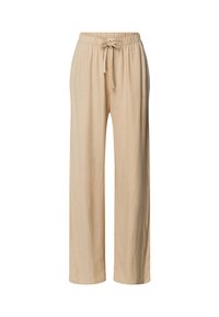 Beige wijde broek met een elastische tailleband en koord. Gemaakt van lichte stof met een gladde textuur.